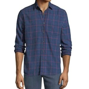 FAHERTY Men's Ventura Long-Sleeve Cotton Indigo-Red Windowpan Plaid Shirt - XL